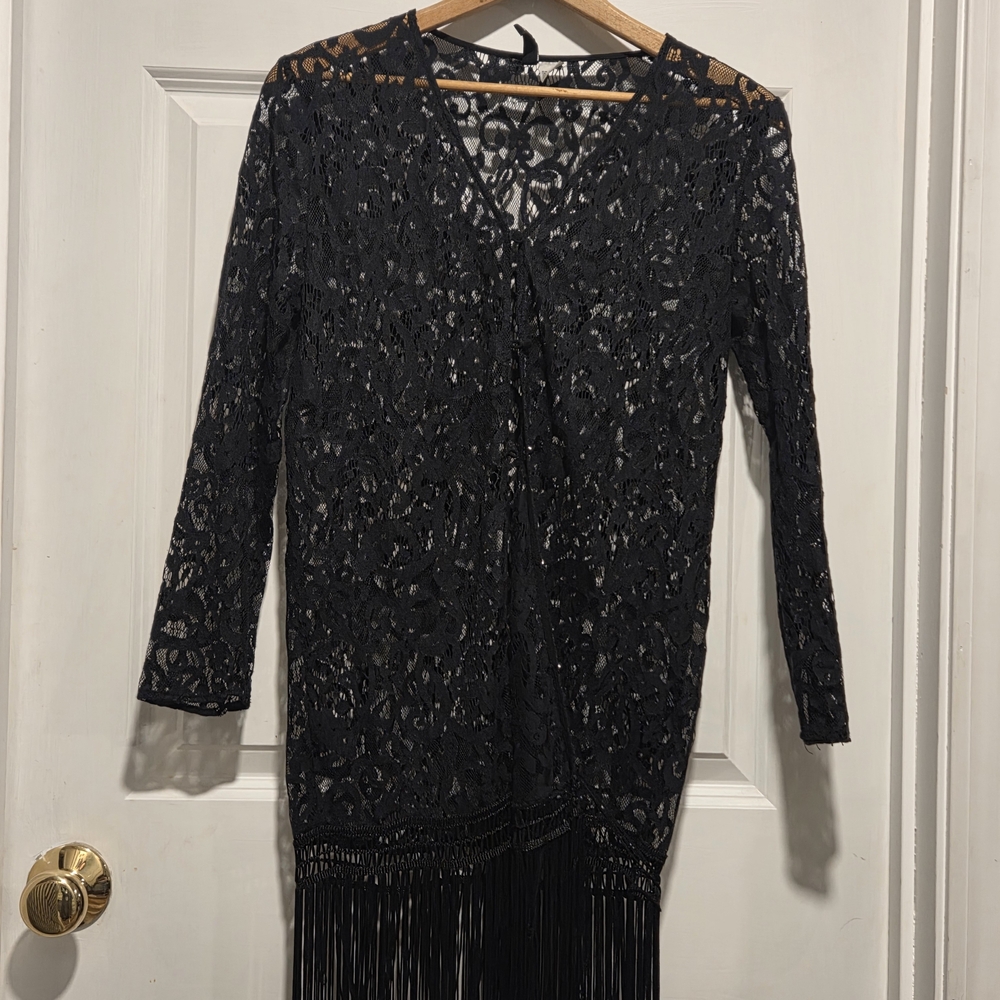 Divided Black Lace Long Sleeve Shawl with Fringe